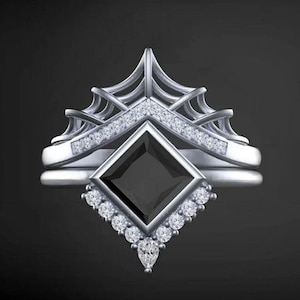 Black Princess Cut Moissanite Diamond Spider Web Ring Set, 14K Gold Or Silver Ring Set, Wedding Bridal Ring Set, Women's Antique Ring Set
