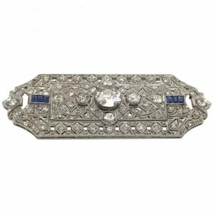 Antique Art Deco Wedding Pin Brooch, Edwardian 925 Silver Brooch, Blue Baguette & Round CZ Stone Vintage Style Brooch, Party Wear Brooch
