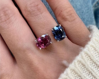Toi Et Moi Gemstone Women's Ring, Sapphire Blue And Pink Cushion Cut Two Stone Ring, Wedding Diamond Ring, Open Cuff Ring, Engagement Ring