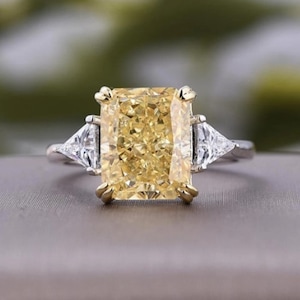 Yellow Sapphire Radiant & Triangle Cut CZ Stone Ring, Three Stone Engagement Wedding Bridal Ring for Womens, Anniversary Gift for Wife