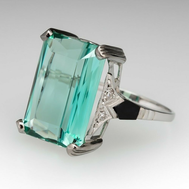Stunning Green Radiant Cut Diamond Ring Unique Engagement Diamond Ring in 935 Argentium Silver Pre-Wedding Bridal Ring Anniversary Gift