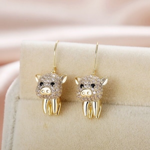 Pig Inspired Drop Earring In 14K Yellow Gold, Round Moissanite Diamond Ear Wire Animal Drop Earring, Hook Earring, Birthday Gift Earring
