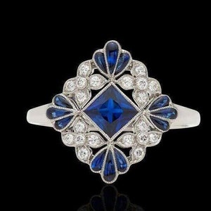 Sapphire Flower Inspired Art Deco Ring, Antique Victorian Ring, 925 Silver Floral Motif Ring, Edwardian Wedding Ring, Estate Retro Jewelry