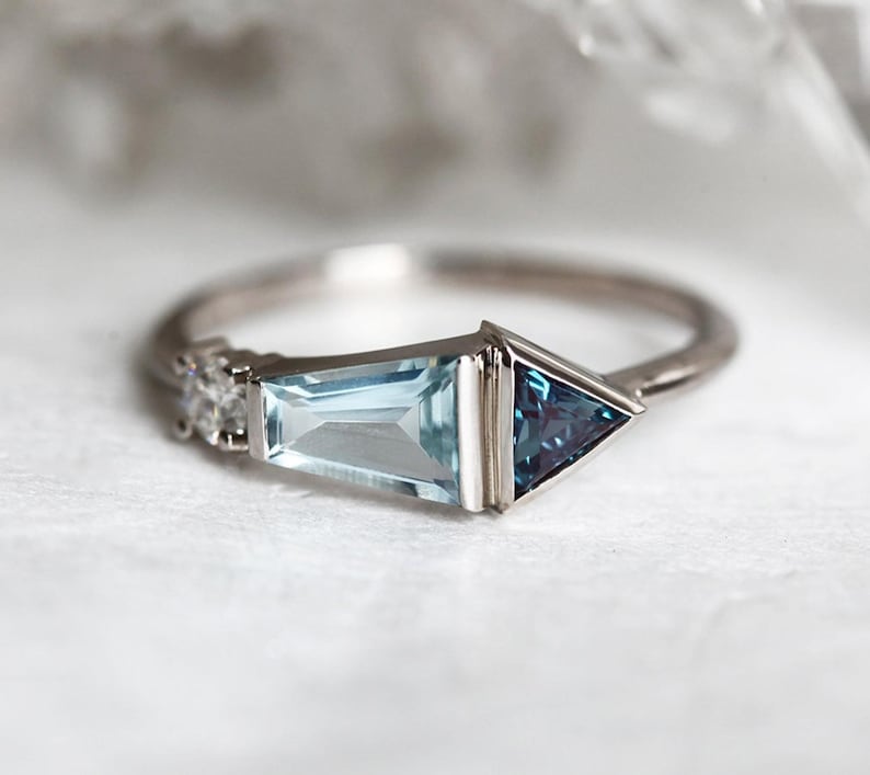 Triangular Blue Diamonds Elegant Blue Triangle & Baguette Cut CZ Stone Ring, Minimalist Past ...