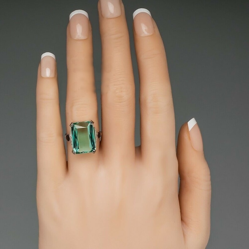 Stunning Green Radiant Cut Diamond Ring Unique Engagement Diamond Ring in 935 Argentium Silver Pre-Wedding Bridal Ring Anniversary Gift