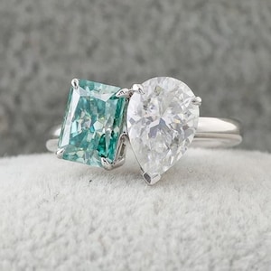 Charming Toi Et Moi Ring For Women, Aqua Radiant With Pear Cut CZ Stone Ring, Two Stone Engagement  Wedding Bridal Ring, Proposal Ring