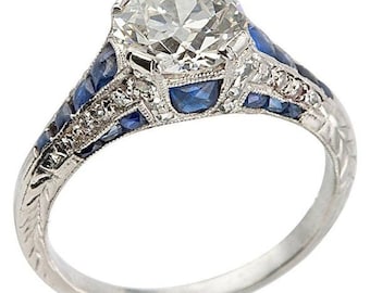 Women&#39;s Vintage Style Art Deco Engagement Ring, White & Sapphire CZ Stone Ring, Mother&#39;s Day Gift, Antique Jewelry, Edwardian Ring