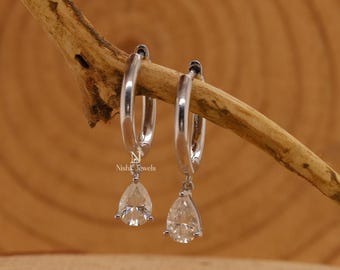 Damen Tropfenohrring, Moissanit Diamant Tropfenohrring, Huggie Hoop Ohrring für Sie, 18K Weißgold Solitär Ohrring
