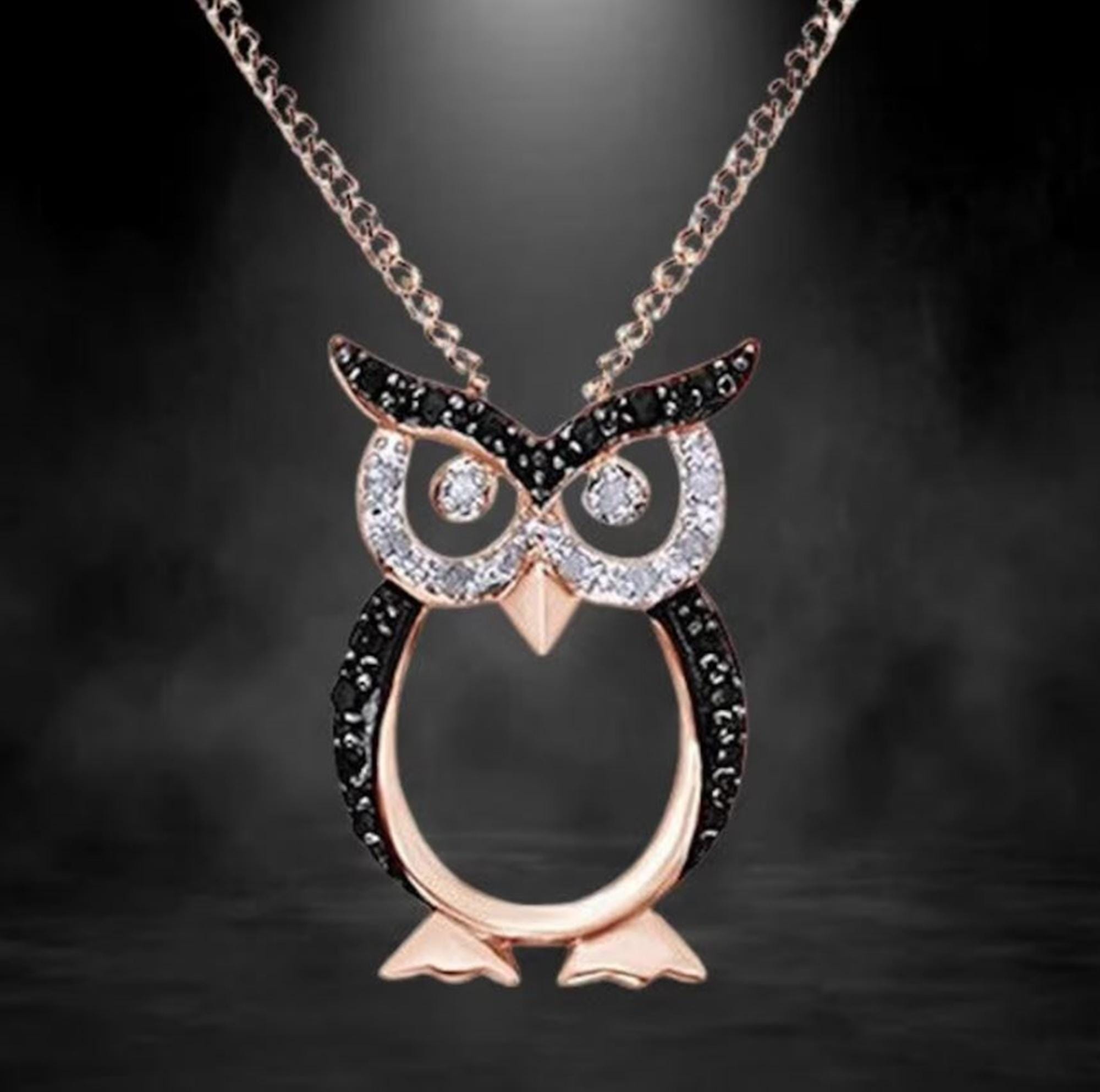 14K Rose Gold Owl Pendant Necklace, Black & White Round Moissanite Diamond Necklace, Night Owl P