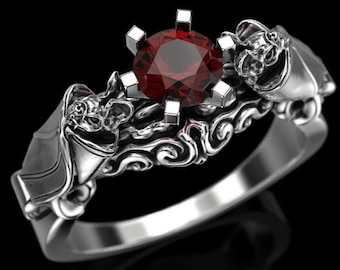 Garnet Round Solitaire Diamond Ring, &quot; Bat &quot; Bird Inspired Ring, Unisex Handmade Jewelry, 925 Silver Vampire Bat Ring, Men&#39;s Gothic Ring