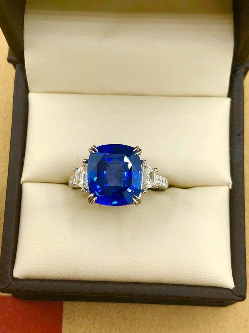 Blue Cushion Cut Diamond Ring Prong Set Diamond Ring Solitaire Accents Diamond Ring Promise Ring Birthday Gift Ring Occasion Ring