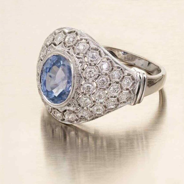 Circa 1930-1940's Art Deco Dome Style Ring, Blue Sapphire Oval & Round Diamond Ring, Art Deco 18k White Gold Ring, Honey Comb Style Ring