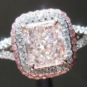 Beautiful Pink Radiant Cut CZ Stone Ring, Double Halo Set Ring, Engagement Anniversary Proposal Ring, Split Shank Ring, Women&#39;s Fashion Ring