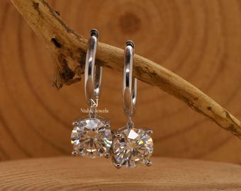 Runder Schnitt Moissanite Diamant Huggie Hoop Ohrring, Clip auf Tropfenohrring, Solitaire baumeln Tropfenohrring, Hochzeit Verlobung Ohrring für Sie