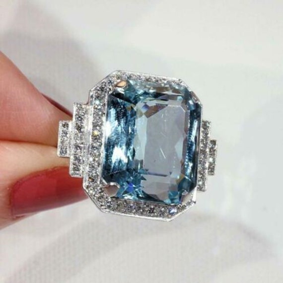 Big Aquamarine Emerald Cut CZ Stone Ring, Large Cocktail Ring For Women's, 925 Silver Gemstone Ring, Wedding Bridal Ring, Party Wear Ring