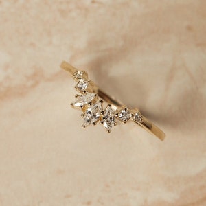 Dainty Marquise & Round Cut Moissanite Diamond Wedding Band, Nesting Band Ring, Tiny Curved Wedding Band, Engagement Band, Anniversary Gift