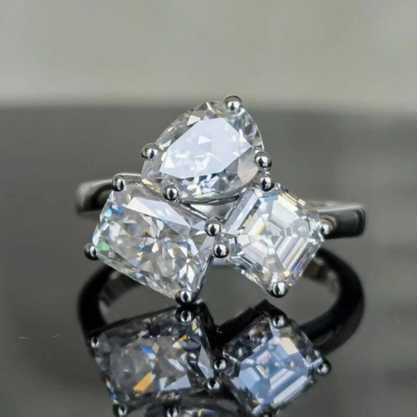 Asscher, Radiant And Pear Cut Moissanite Diamond Ring, Three Stone Engagement Ring, Trilogy Wedding Ring, Vintage Toi Et Moi Ring In Silver