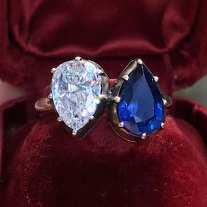 Sapphire And White Pear CZ Stone Toi Et Moi Ring, Gemstone 14K Yellow Gold You & Me Ring, Two Stone Proposal Ring, Engagement Wedding Ring