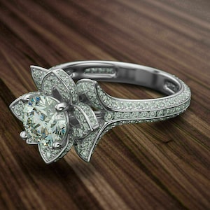 Lotus Flower Look Engagement Ring, Elegant Round Moissanite Diamond Ring, Wedding Art Deco Floral Ring, Bridesmaid Gift, Women Cocktail Ring