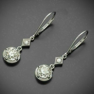 Antique Old Mine Cut & Round Moissanite Diamond Dangle Earring, Vintage Two Stone Long Dangle Earring For Woman&#39;s, Lever Back Drop Earring