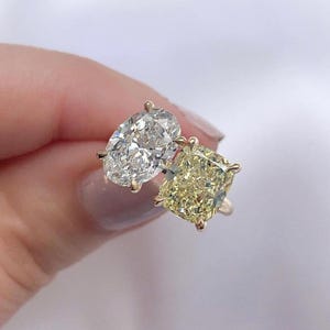 Dual Stone Toi Et Moi Ring For Women, White Oval & Yellow Cushion Cut CZ Stone Ring, You And Me Engagement Ring, Wedding Proposal Ring