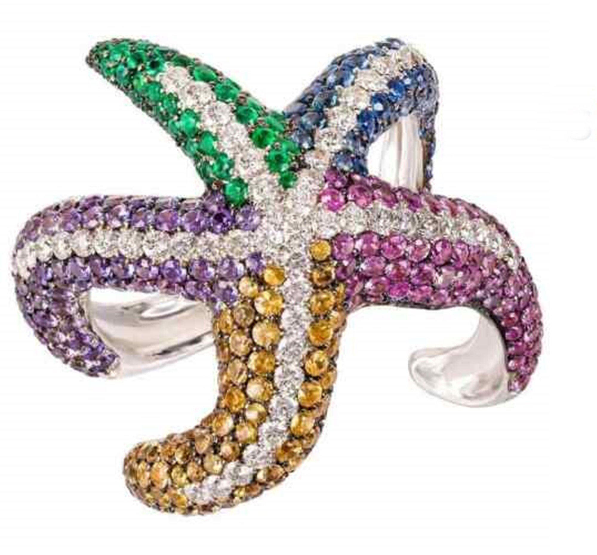 Multi Color Pave Set CZ Stone STARFISH Ring, Open Shank Starfish Ring, Unique Cocktail Party Wear Ring, Sea Animal Inspire Ring For Women