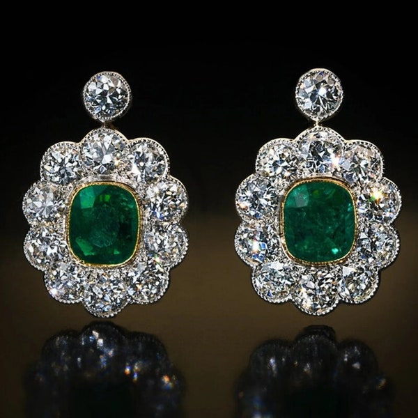 Since 1998 Art Deco Style Drop Dangle Earring, Lever Back Gemstone Earring, Green Cushion & Old European Cut Moissanite Diamond Halo Earring