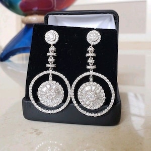 Baguette With Round Cut CZ Stone Dangle Earring, Push Back Long Drop Earring, Bridal Jewelry, Cocktail Dangle Earring, Party Wear Earring
