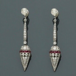 Art Deco Style Diamond Chandelier Earring, Ruby Baguette CZ Stone Long Dangle Earring, Retro Vintage Earring, Women&#39;s Wedding Earring