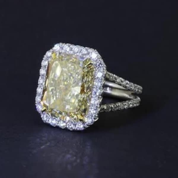 Stunning Canary Yellow Radiant Cut Diamond Ring, Women's Antique Jewelry, Wedding Bridal Two Tone Ring, Halo Set Split Shank Engagement Ring