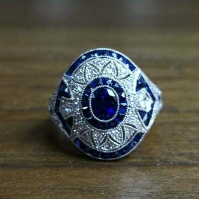 Blue Oval Cut Art Deco Engagement Diamond Ring Vintage Wedding Ring For Women Dainty Diamond 935 Argentium Silver Ring For Ladies