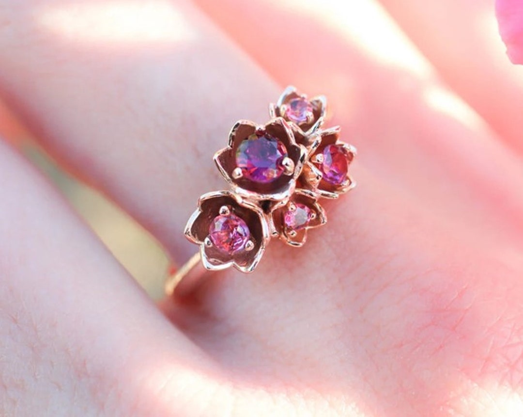 Dainty Ruby Gemstone Ring Pink Flower Rose Ring Solid 14K - Etsy