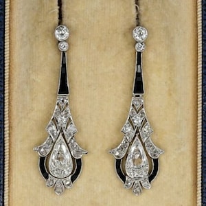 Belle Black Onyx CZ Earring, Round & Pear Cut CZ Stone Earring, Victorian Art Deco Earring, Mid-Century Earring, Vintage Earring for Womens
