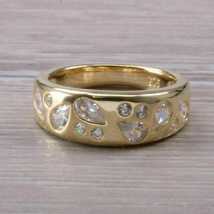 Flush Set Cigar Band Ring In 14k Gold, Pear & Round Cut CZ Diamond Ring, Scatter Wedding Ring, Engagement Proposal Ring, Women's Ring
