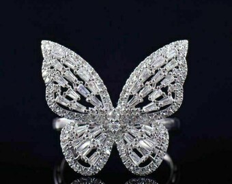 "Vlinder" damesring, stokbrood en rond geslepen zirkonia cocktailring, op insecten geïnspireerde ring voor haar, ring voor bruiloftsfeest in 18k goud