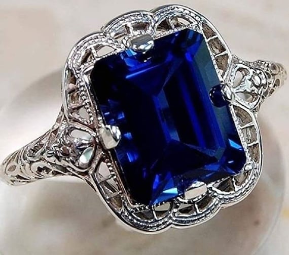 Vintage Solitaire Art Deco Ring, Blue Sapphire Emerald Cut CZ Gemstone Women's Ring, Silver or Gold Filigree Ring, Estate Engagement Ring