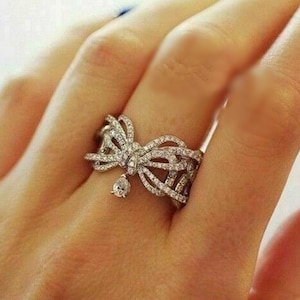 Gorgeous Round & Pear Moissanite Diamond Ring, Ribbon Bow Style Drop Ring, Anniversary Gift, Best Love Proposal Ring, Wedding Bridal Ring