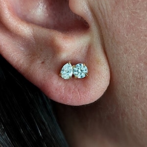 Two Stone Stud Earring, Round And Pear Cut Moissanite Diamond Stud Earring, Push Back Gold Or Silver Earring, Daily Wear Earring For Women's