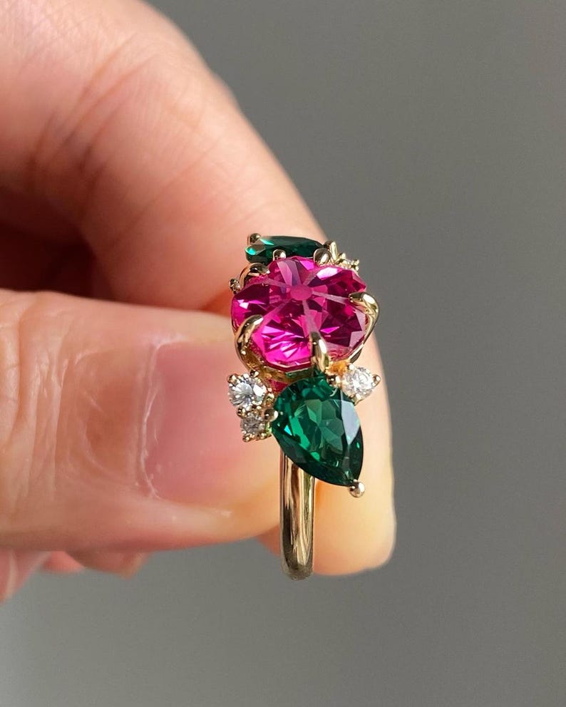 Nature Inspire Floral Motif Ring, Ruby & Green Gemstone Ring, Multi ...