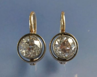 Boucle d'oreille pendante en diamant moissanite taille européenne ancienne sertie clos, boucle d'oreille levier vintage solitaire, boucle d'oreille en or jaune 14 carats, boucle d'oreille de mariage