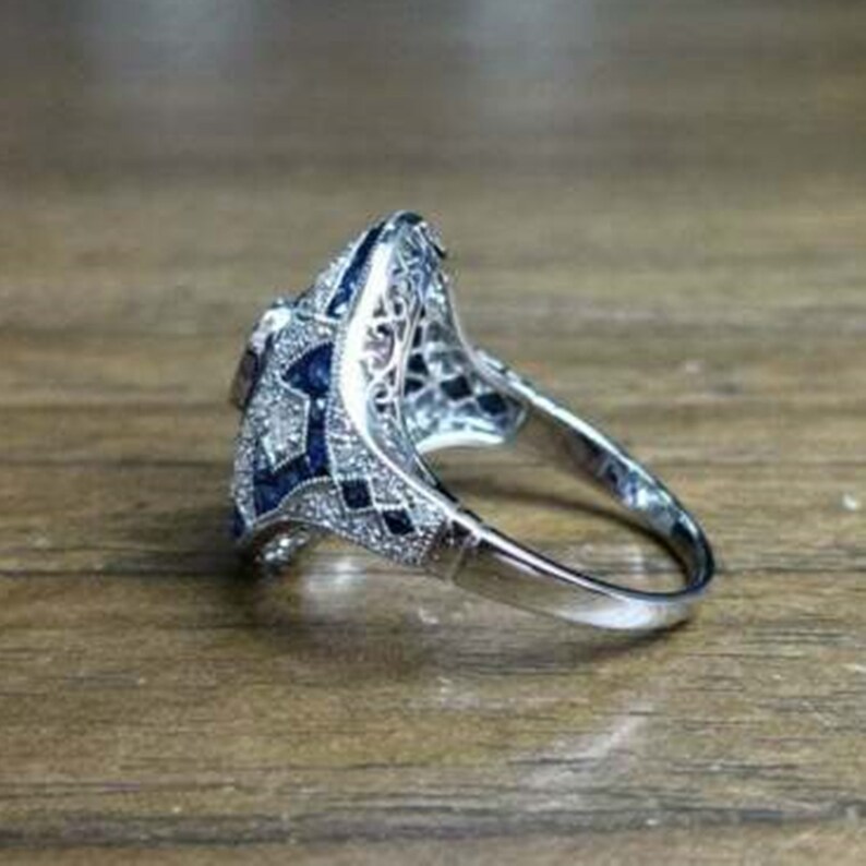 Blue Oval Cut Art Deco Engagement Diamond Ring Vintage Wedding Ring For Women Dainty Diamond 935 Argentium Silver Ring For Ladies