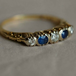Vintage Five Stone Art Deco Ring, Blue & White Round Diamond Ring, Minimalist Women's Ring, Delicate Yellow Gold Ring, Filigree Estate Ring