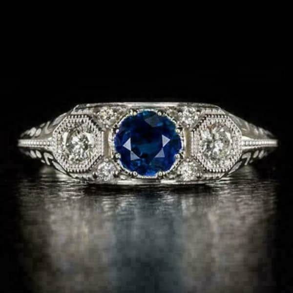 Royal Blue Sapphire Three Stone Ring, Antique Vintage Art Deco Ring, Milgrain Set 14k White Gold Ring For Women's, Bridal Engagement Ring