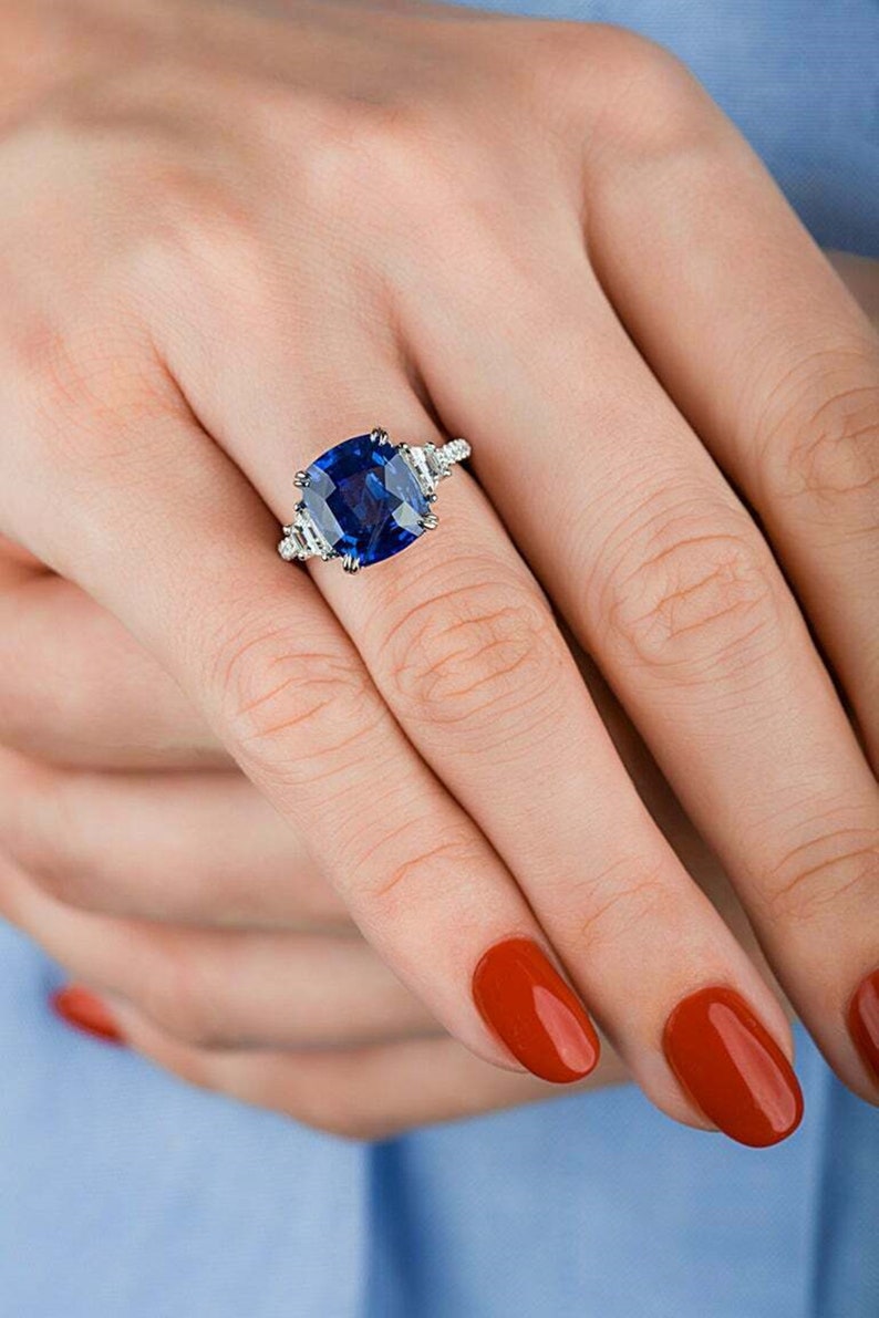Blue Cushion Cut Diamond Ring Prong Set Diamond Ring Solitaire Accents Diamond Ring Promise Ring Birthday Gift Ring Occasion Ring