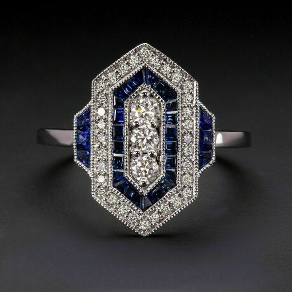 Vintage Stil Verlobungsring, Antik Art Deco Ring, Saphir Baguette & Rundschliff CZ Diamant Frau Ring, Geometrischer Retro Ring für Mutter