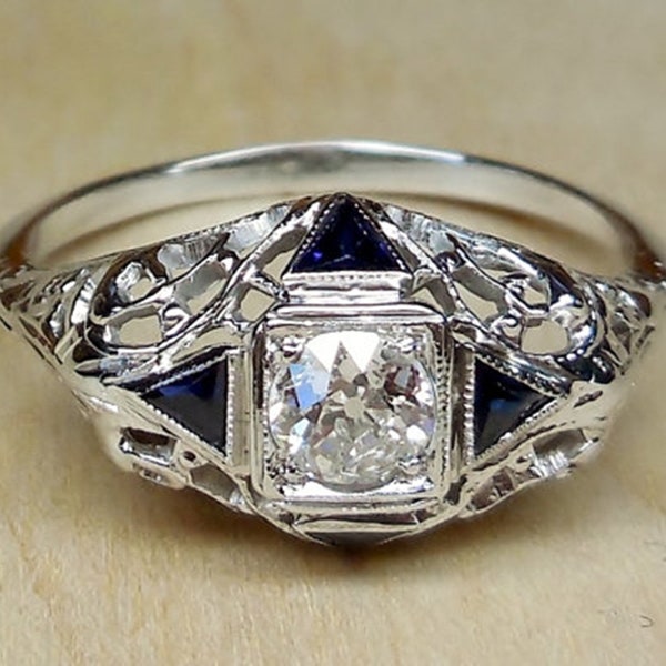 Blue Triangle With Old European Cut Diamond Ring, Unique Art Deco Ring, Mid-Century Ring For Women, Retro Ring, Handmade Ring, Gift For Her
