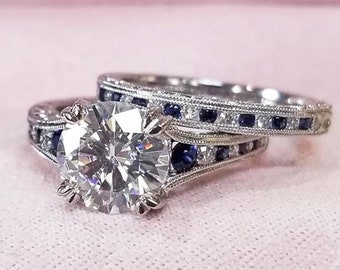 Blue And White Round Cut CZ Diamond Ring Set, Stackable 2 Piece Diamond Ring Set, 925 Silver Or Gold Ring Set, Wedding Engagement Ring Set