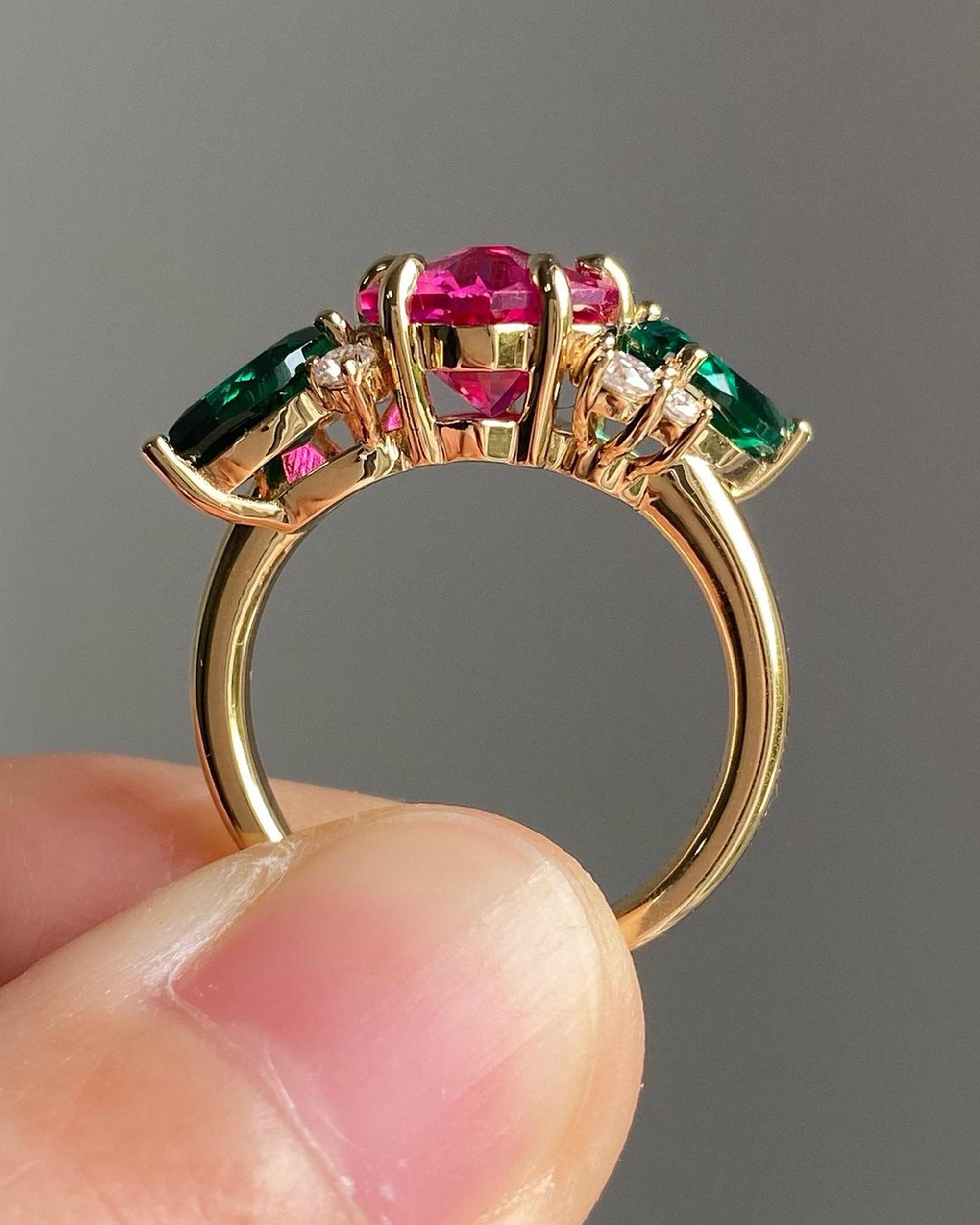 Nature Inspire Floral Motif Ring, Ruby & Green Gemstone Ring, Multi ...