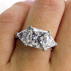 Center Princess & Trillion Cut Moissanite Diamond Ring, Three Stone Ring, Bridal Engagement Ring, Birthday Gift For Her, Anniversary Ring