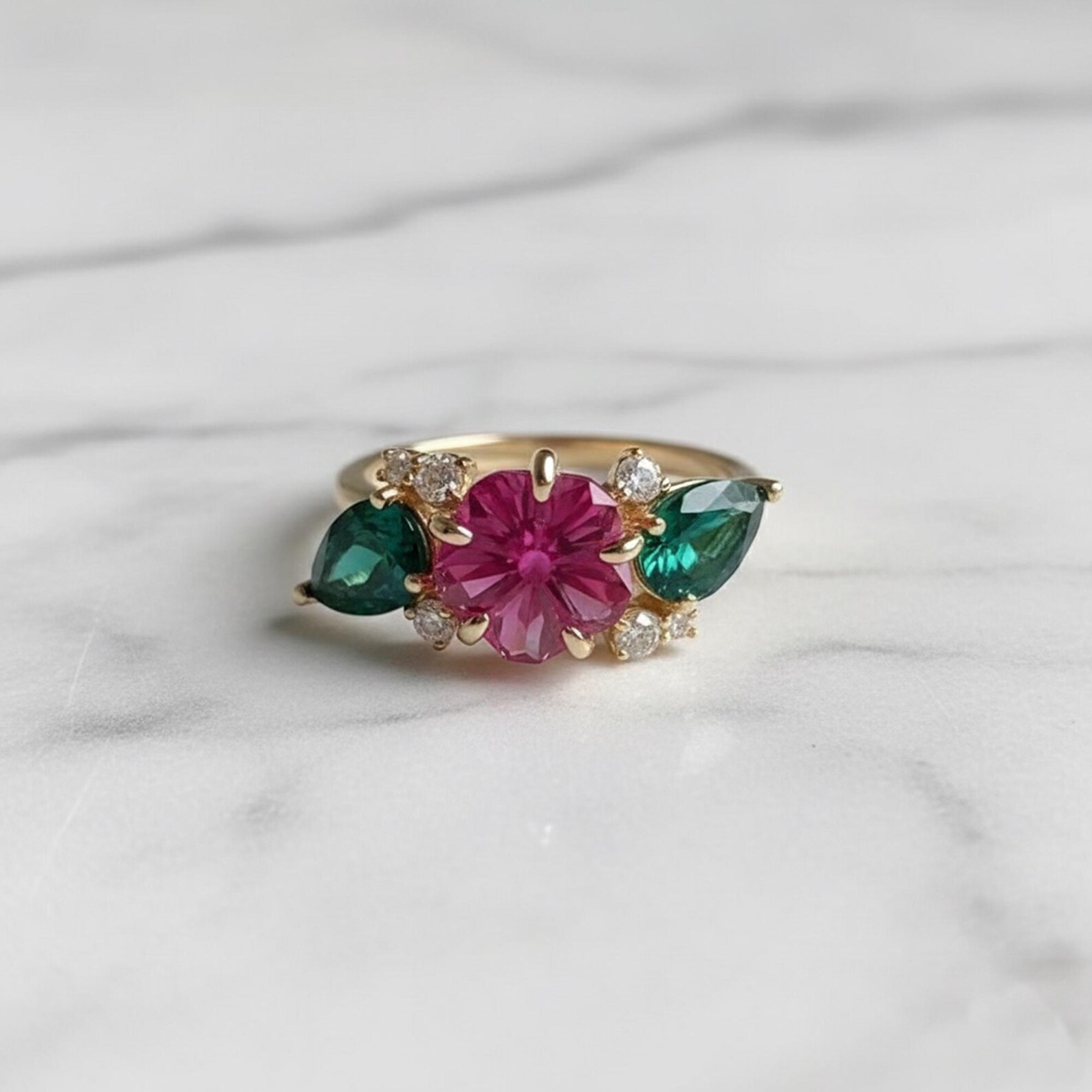 Nature Inspire Floral Motif Ring, Ruby & Green Gemstone Ring, Multi ...
